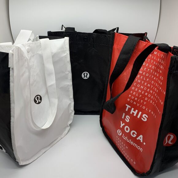 Lululemon Reusable Shopping Gift Bag Yoga‎ Logo Small Tote Lot 3 Black Red white - Picture 1 of 7